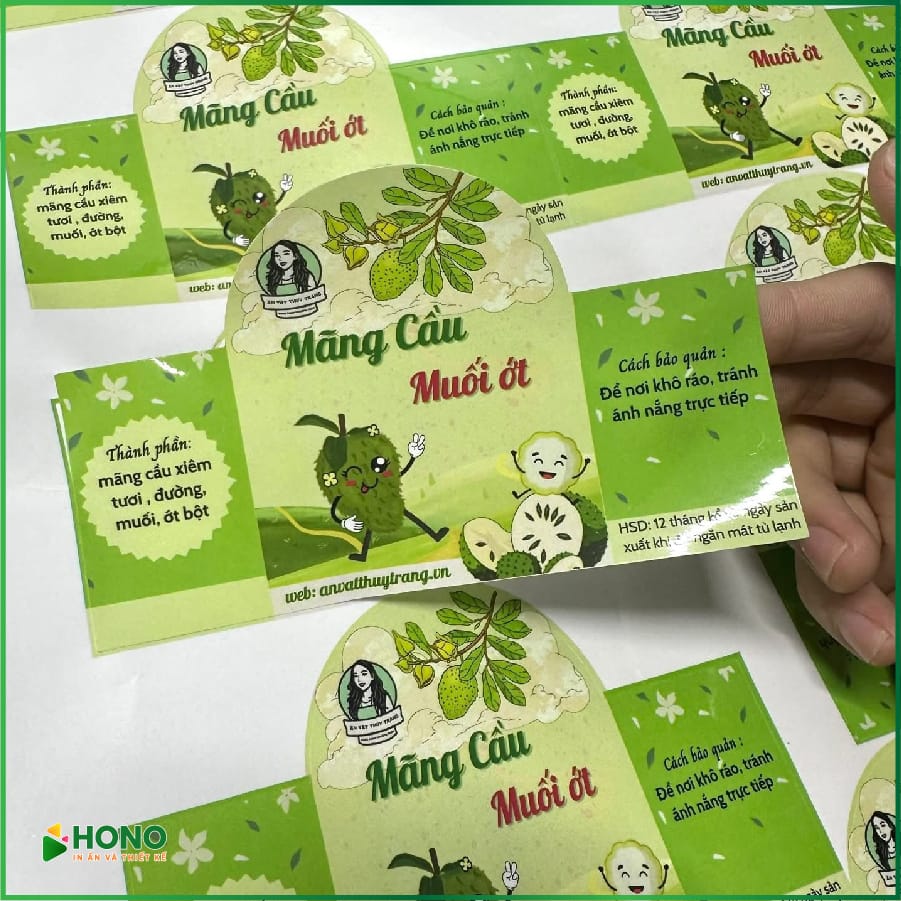 in tem decal mãng cầu muối ớt cắt bế theo hình thiết kế.