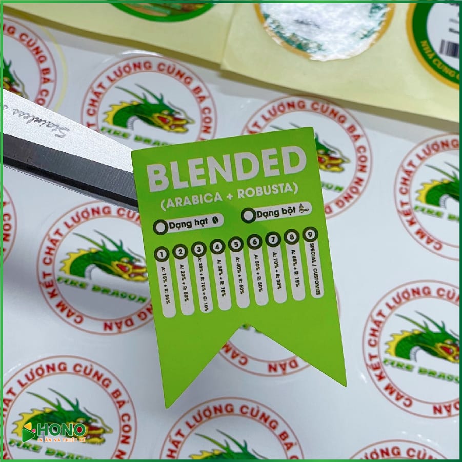 in tem nhãn cafe Blended Arabica Robusta hình đuôi nheo dùng phân loại tỷ lệ hạt rang xay