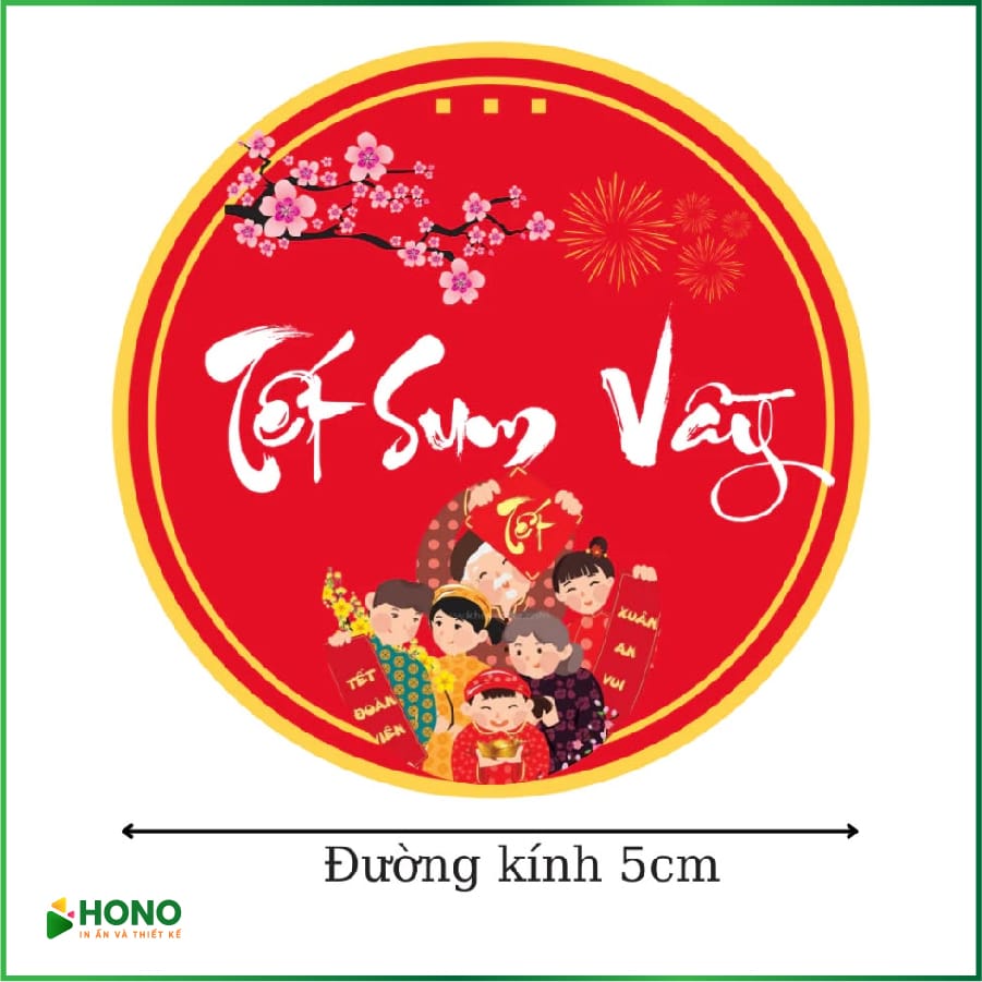 Tem decal giấy tròn Tết đường kính 5cm đúng kích tại Hono HCM