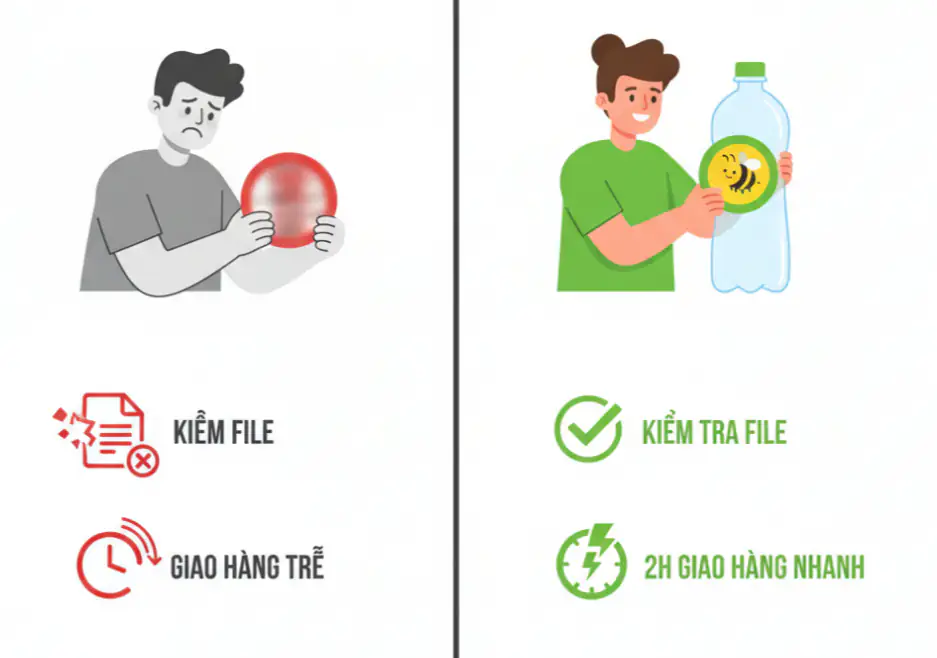 Dịch vụ in tem decal giấy với quy trình kiểm tra file kỹ lưỡng và cam kết giao hàng nhanh 2h