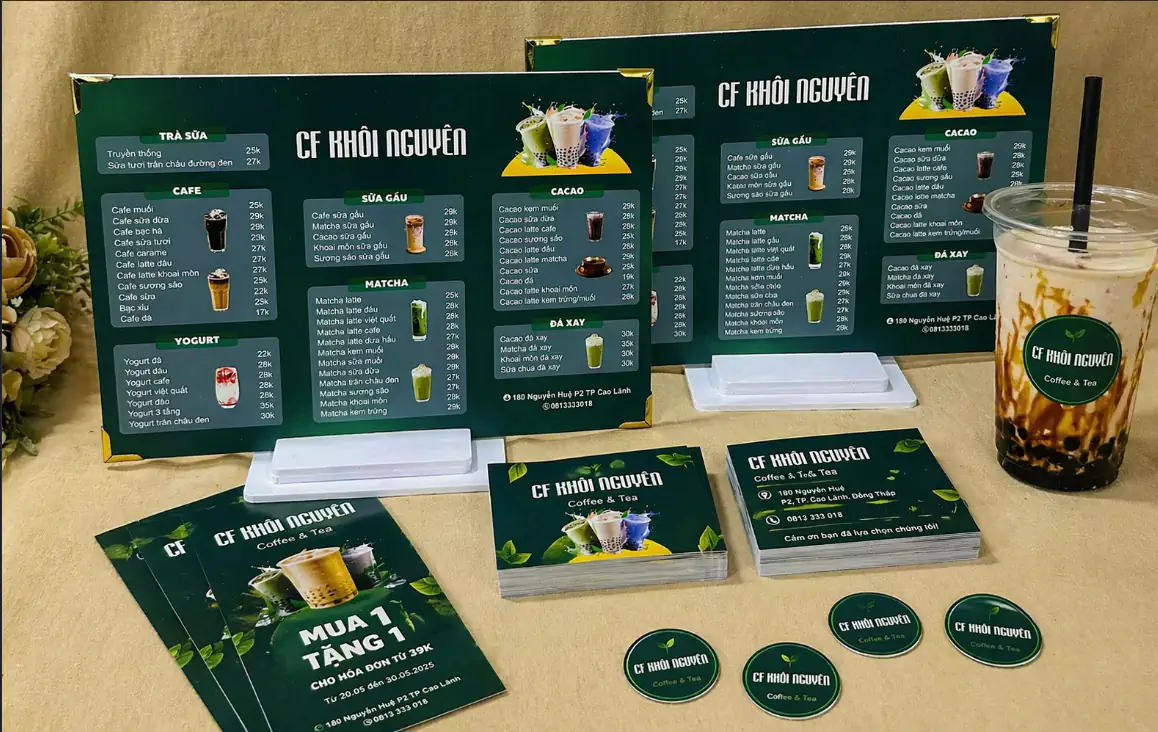 In quảng cáo trọn bộ menu tờ rơi và decal dán cho quán cafe
