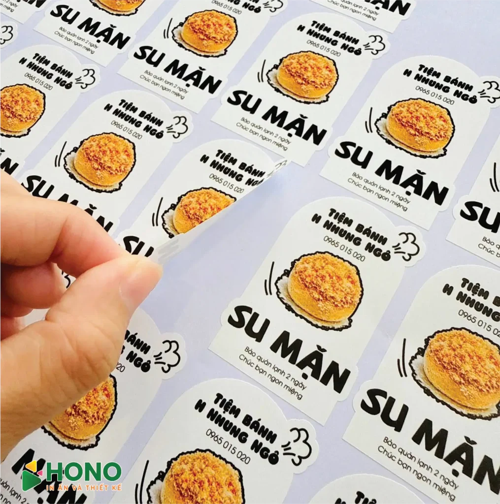 Tem dán hộp bánh decal giấy bế hình