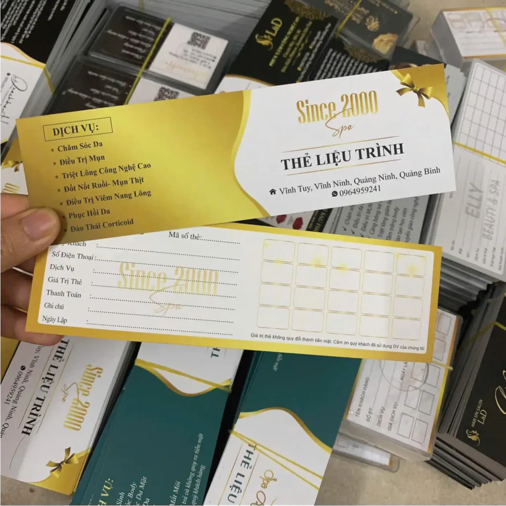 In thẻ liệu trình phiếu dịch vụ spa giấy cán màng mờ sang trọng