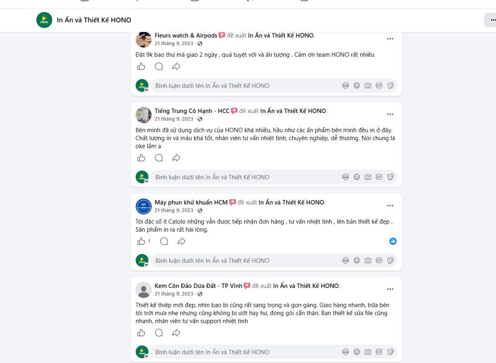 khách hàng đánh giá về dịch vụ in ấn HONO