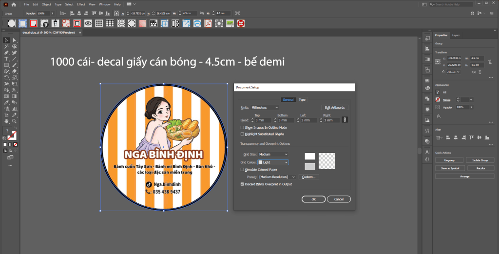 bleed 3mm khi bế demi tem decal giấy tại phần mềm Adobe Illustrator