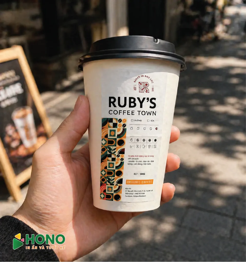 Tem dán ly cafe decal giấy cán màng chống thấm dán trên ly giấy cafe mang đi